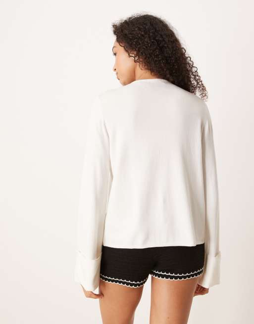 Gina Tricot folded sleeves single button knit cardigan in cream