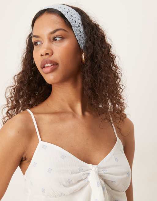 Gina Tricot frill tie front bow blouse top in blue paisley print