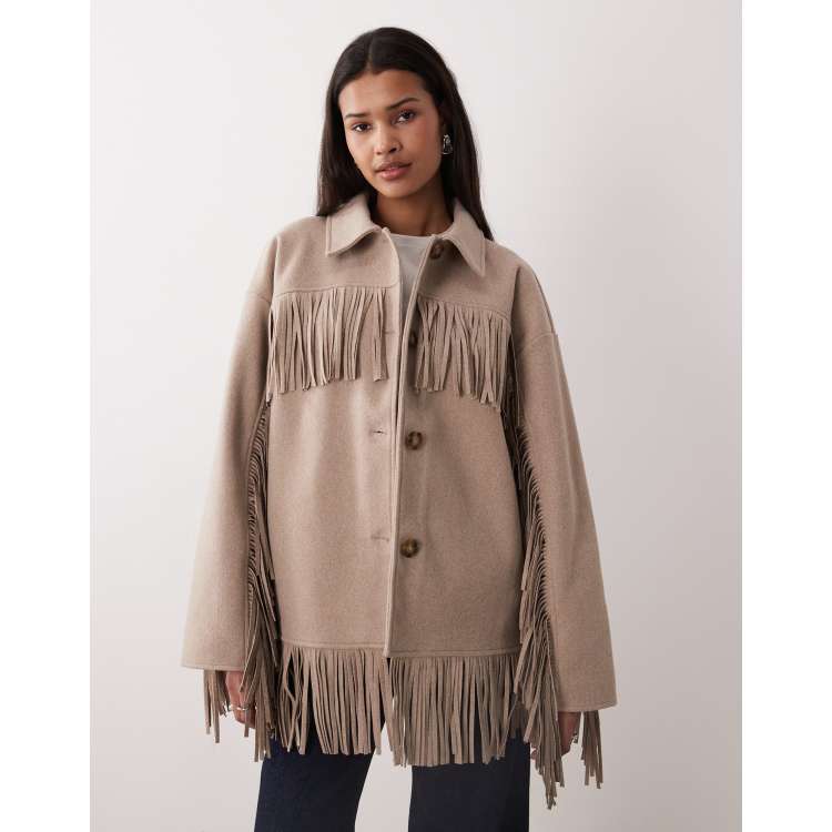 Gina Tricot fringe jacket in heathered beige | ASOS
