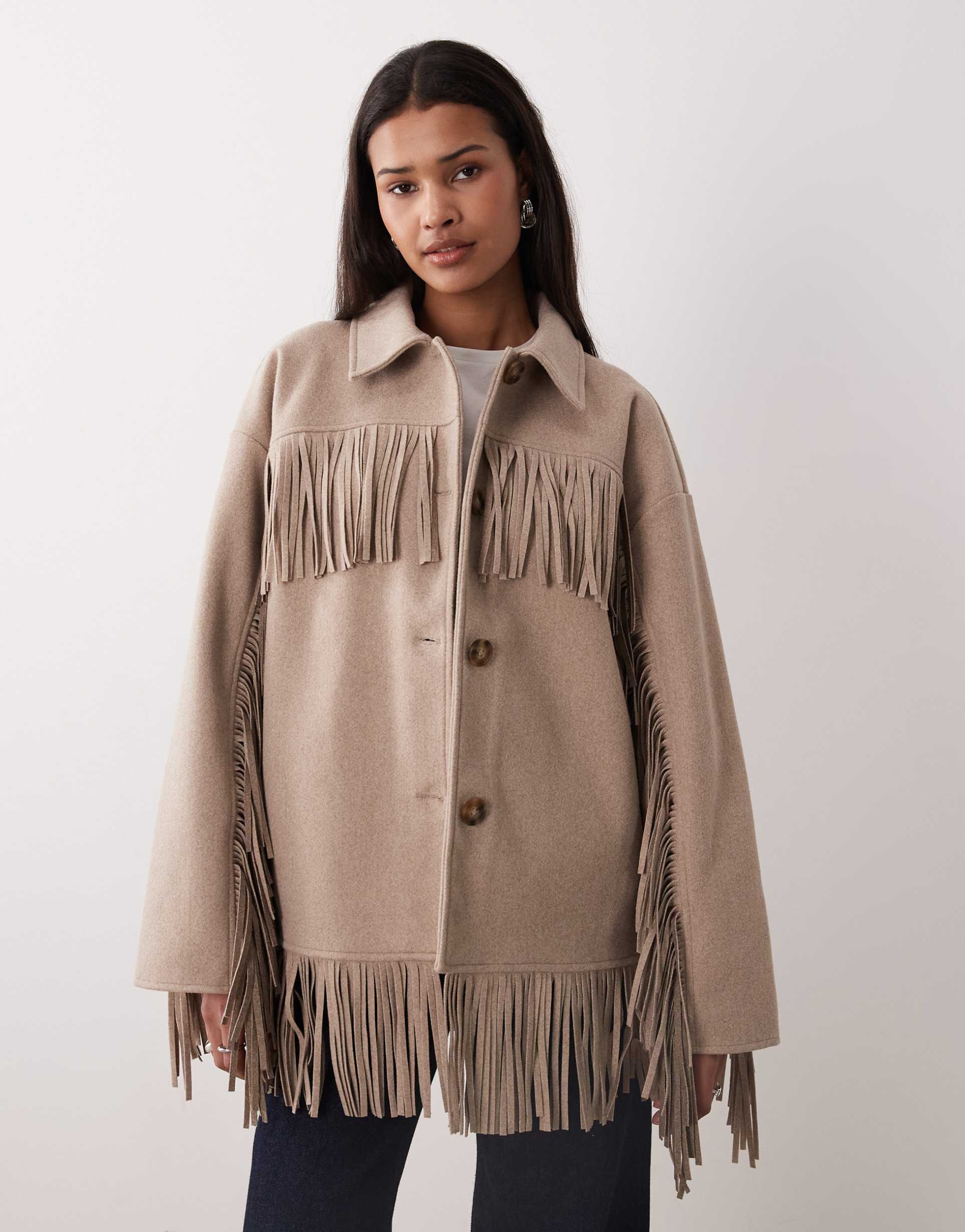 gina tricot fringe jacket in heathered beige