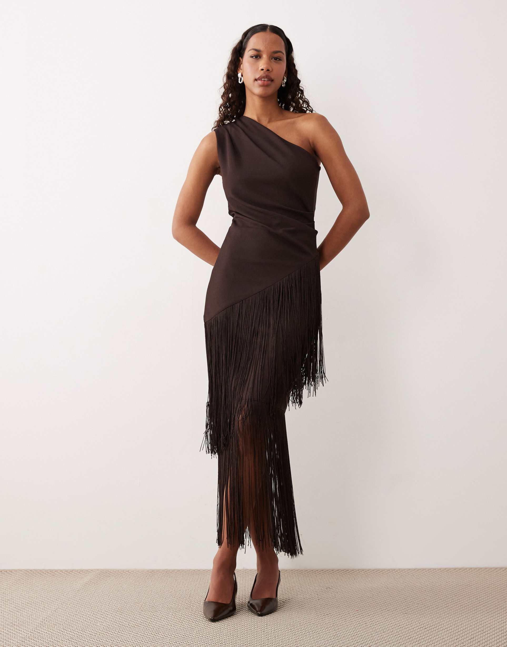 gina tricot fringe midi skirt in chocolate brown - part of a set