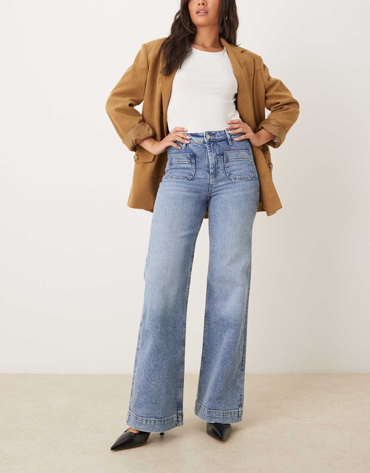 Gina Tricot front pocket wide leg flare jeans in midwash blue