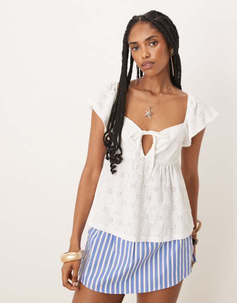 Gina Tricot front tie frill top in white - view 1