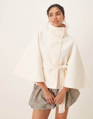 GINA TRICOT Gina Tricot funnel neck belt cape jacket in cream-White