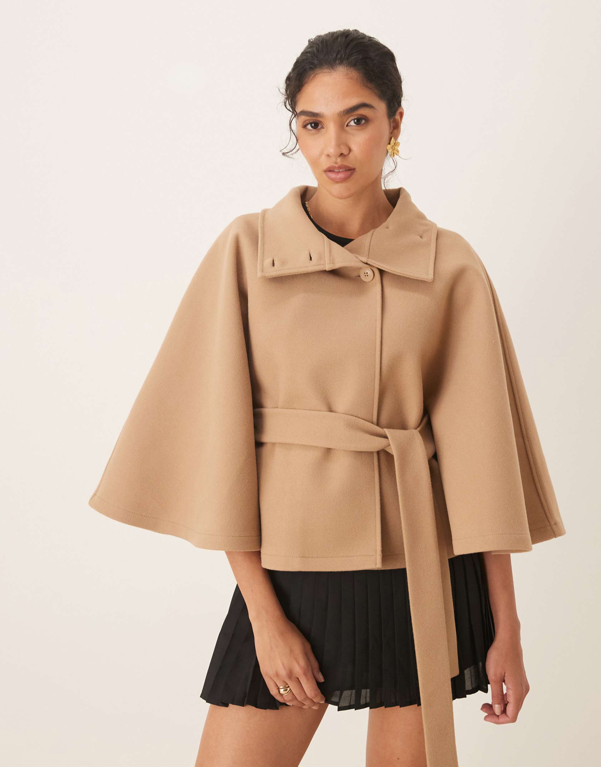 gina tricot funnel neck belted cape jacket in beige