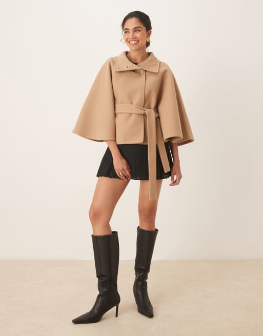 Gina Tricot funnel neck belted cape jacket in beige