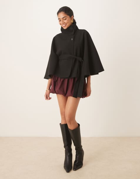 Gina Tricot funnel neck belted cape jacket in black - view 1