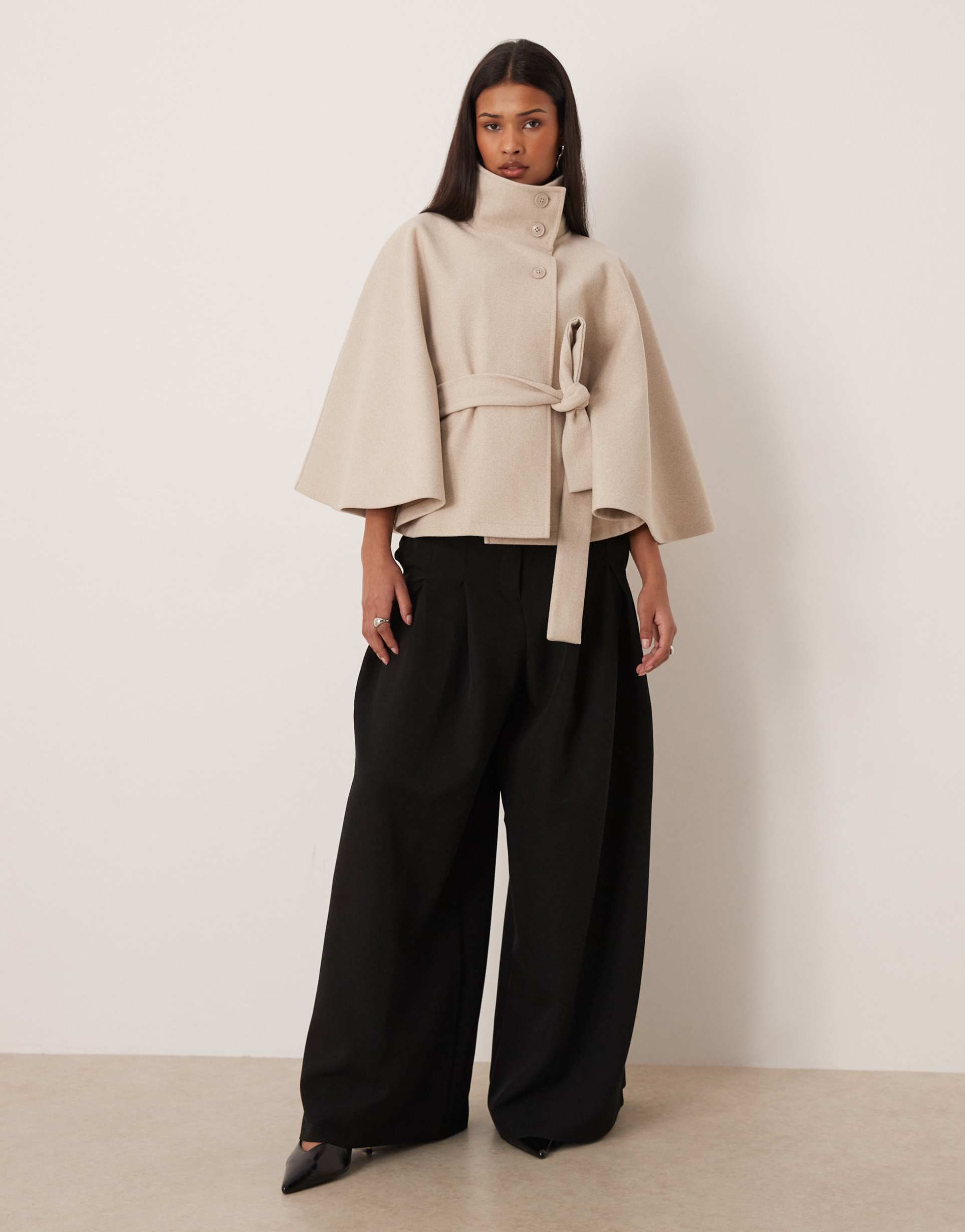 gina tricot funnel neck belted cape jacket in heathered beige