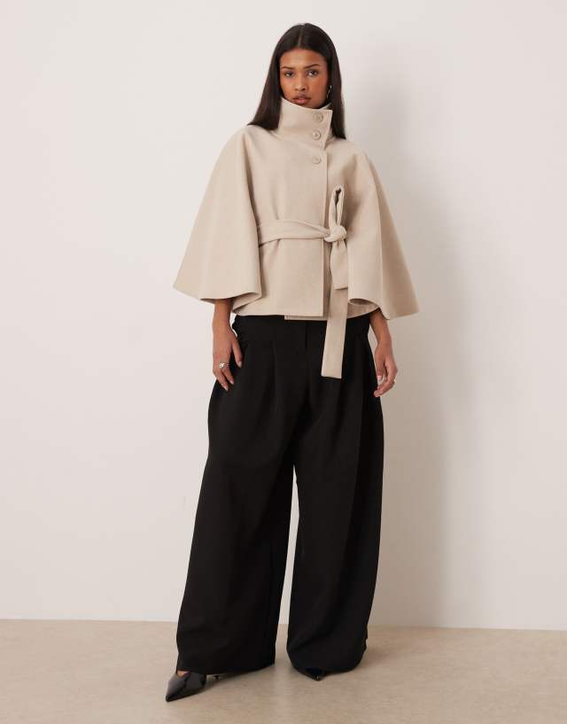 Gina Tricot funnel neck belted cape jacket in heathered beige | ASOS