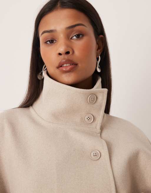 Gina Tricot funnel neck belted cape jacket in heathered beige | ASOS