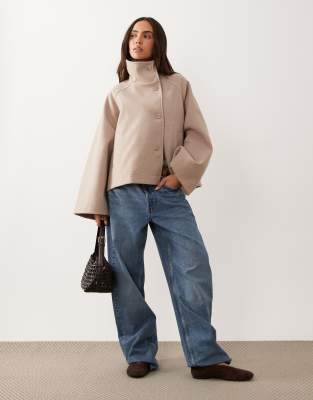 Gina Tricot Funnel Neck Coat With Adjustable Waist In Neutral