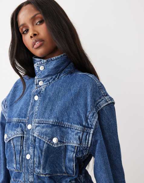 Gina Tricot funnel neck denim jacket with cinched waist in midwash blue  - view 1