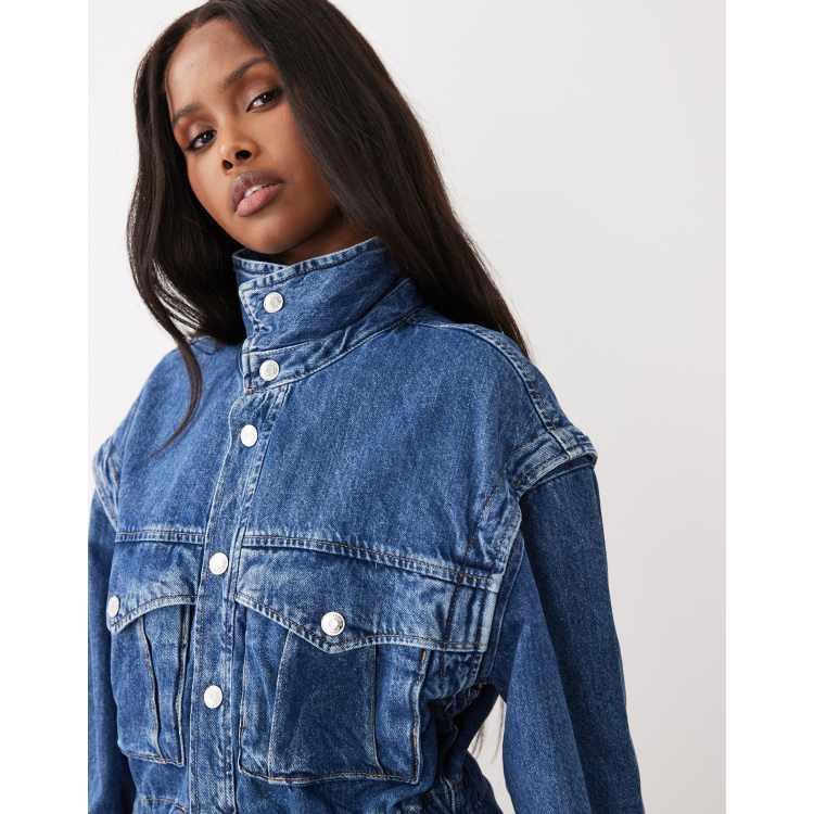 Gina Tricot funnel neck denim jacket with cinched waist in midwash