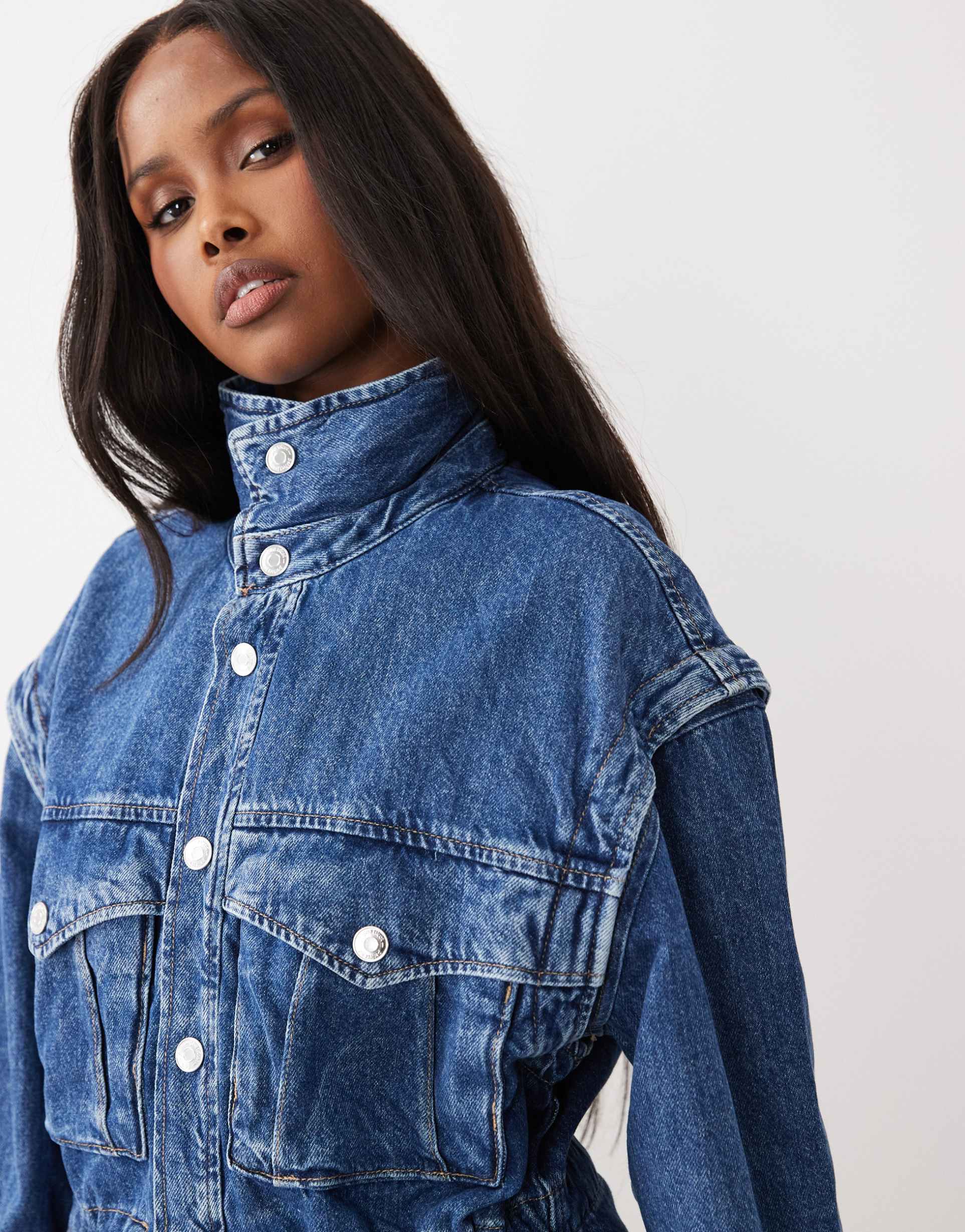 gina tricot funnel neck denim jacket with cinched waist in midwash blue