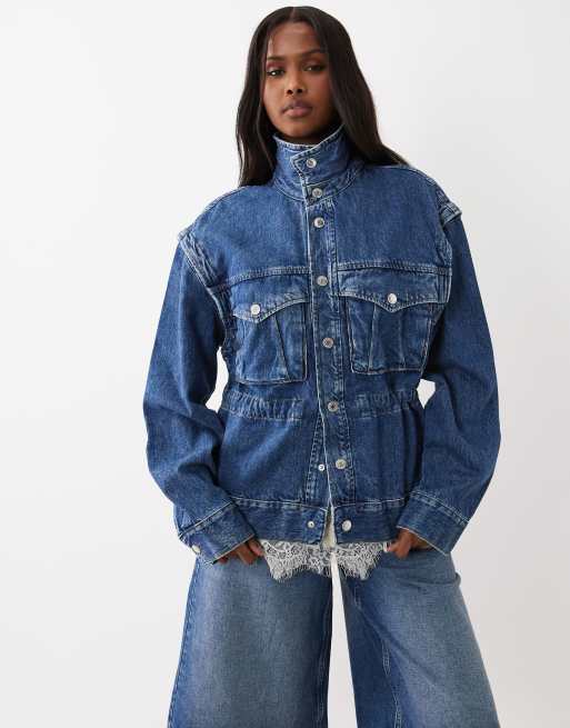 Gina Tricot funnel neck denim jacket with cinched waist in midwash