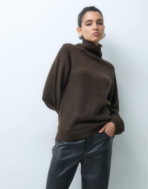 Gina Tricot funnel neck knitted wool alpaca mix jumper in brown - view 1