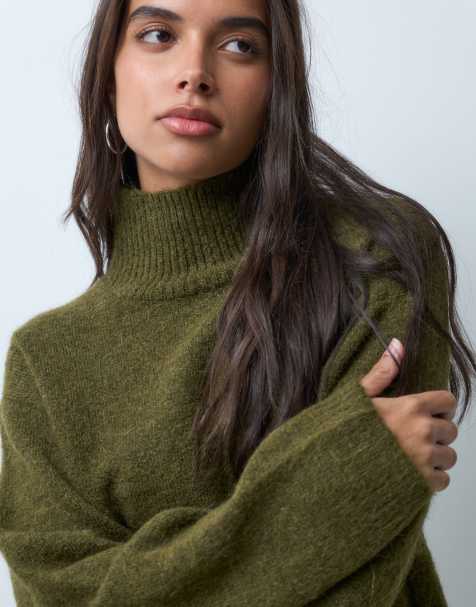 Gina Tricot funnel neck knitted wool alpaca mix jumper in khaki green - view 1
