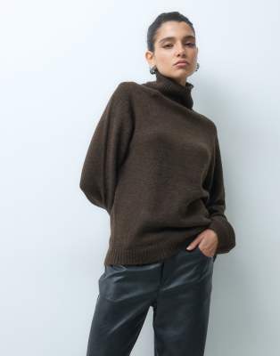 Gina Tricot funnel neck knitted wool alpaca mix sweater in brown | ASOS