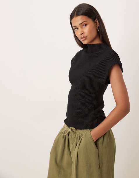 Gina Tricot funnel neck short sleeve rib knit top in black - view 1