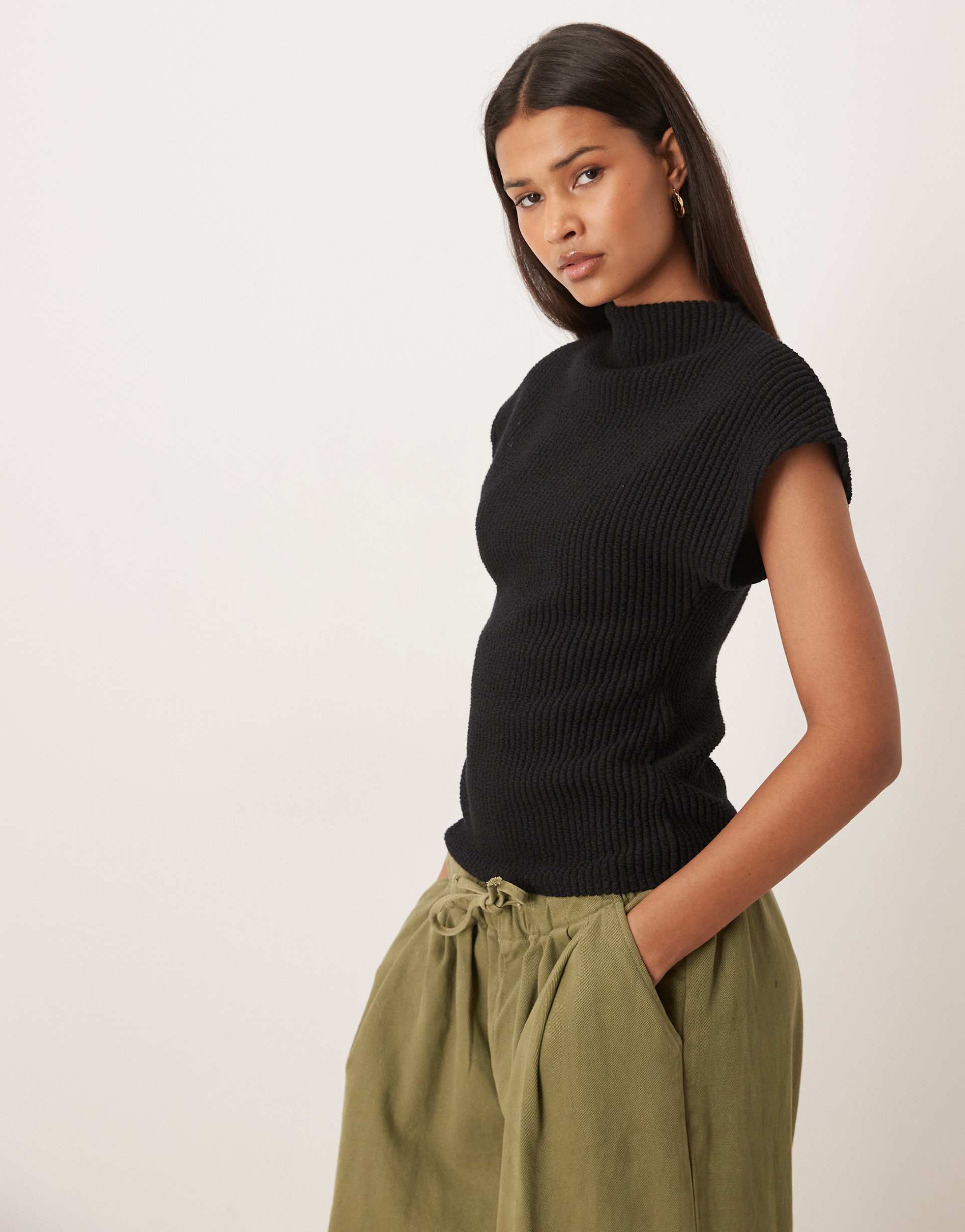 gina tricot funnel neck short sleeve rib knit top in black
