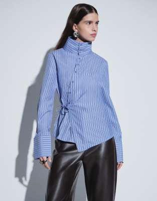 Gina Tricot Funnel Neck Wrap Shirt In Blue