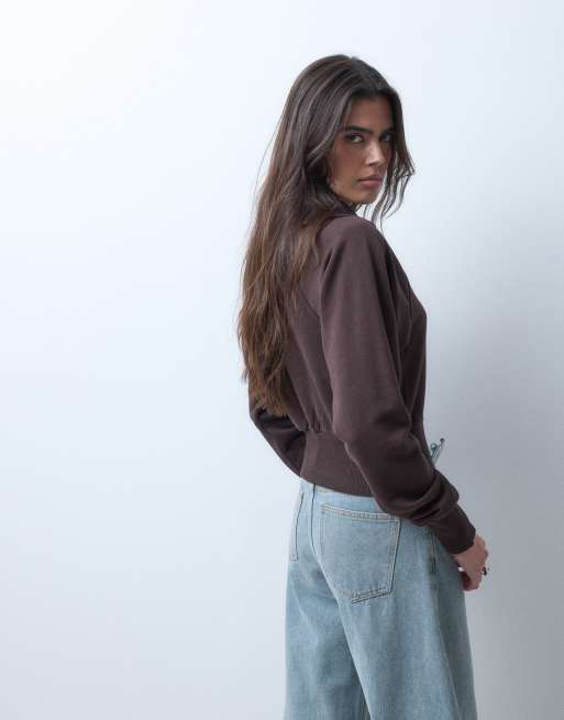 Gina Tricot funnel neck zip through sweat co-ord in brown, 3 of 5