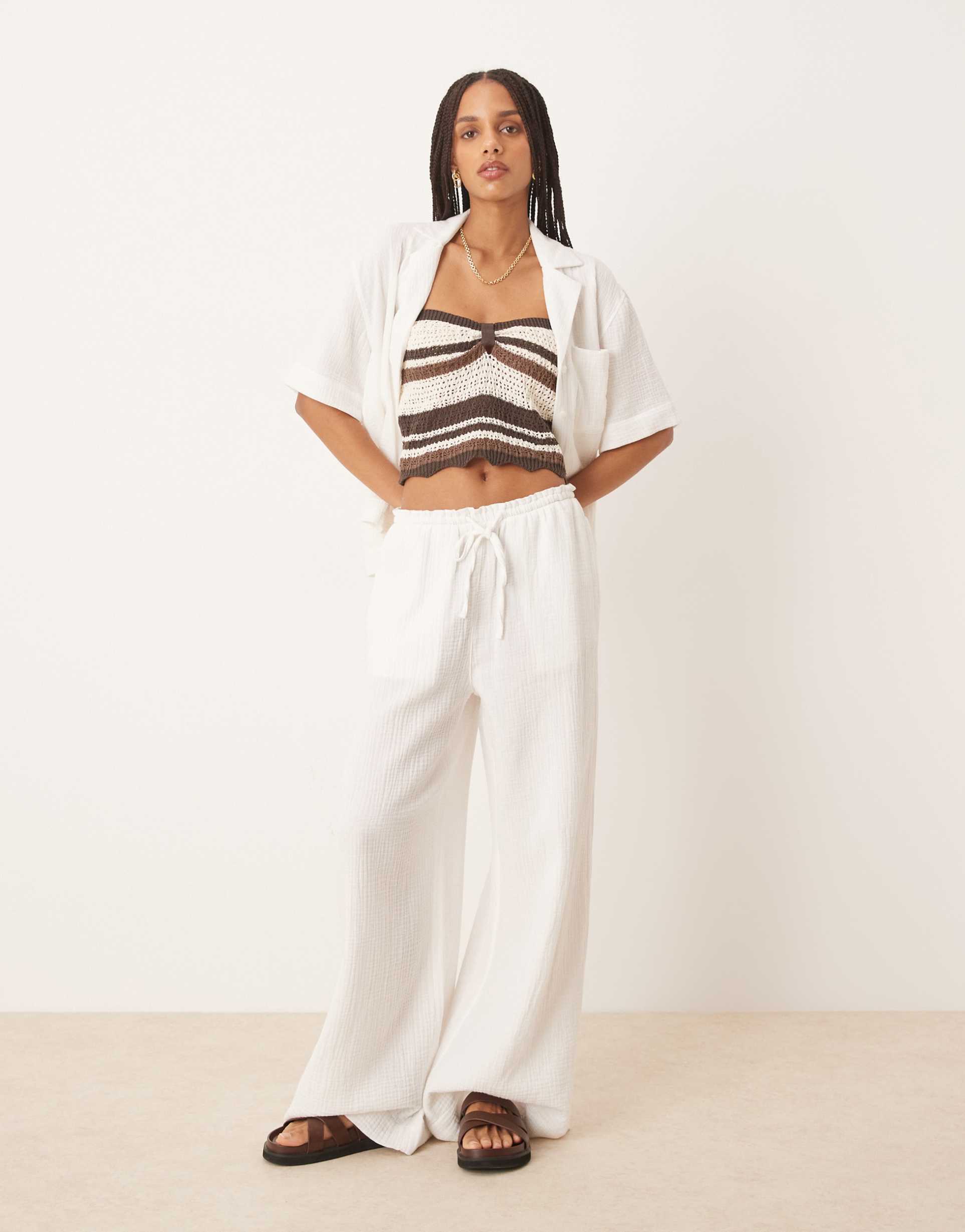 gina tricot gauze relaxed fit drawstring pants in white - part of a set