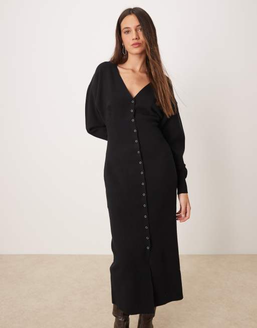 Gina Tricot - Gebreide midi jurk met lange mouwen, V-hals en knoopsluiting in zwart