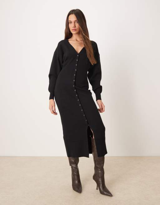 Gina Tricot Gebreide midi jurk met lange mouwen, V-hals en