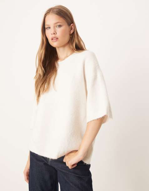 Gina Tricot - Gebreide ruimvallende trui van alpacawol met korte mouwen in crème - view 1