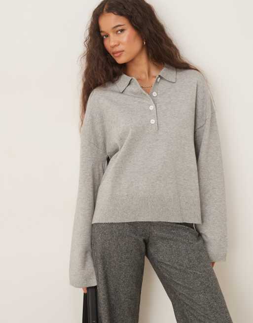 Gina Tricot - Gebreide sweater met lange mouwen en kraag in lichtgrijs melange