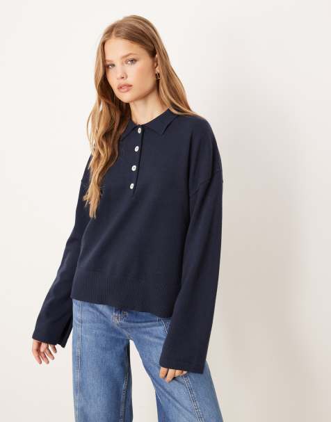 Gina Tricot - Gebreide sweater met lange mouwen en kraag in marineblauw - view 1