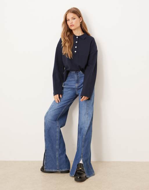 Gina Tricot - Gebreide sweater met lange mouwen en kraag in marineblauw