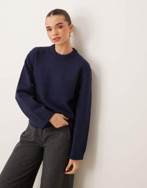 Gina Tricot - Gebreide sweater met ronde hals en wijde mouwen in blauw