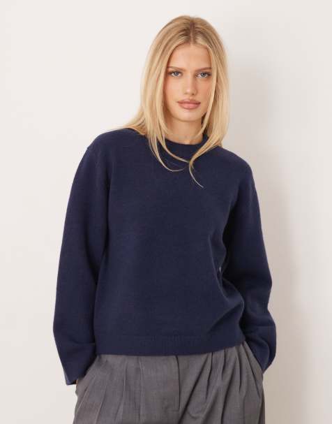 Gina Tricot - Gebreide sweater met ronde hals en wijde mouwen in marineblauw, exclusief bij ASOS - view 1