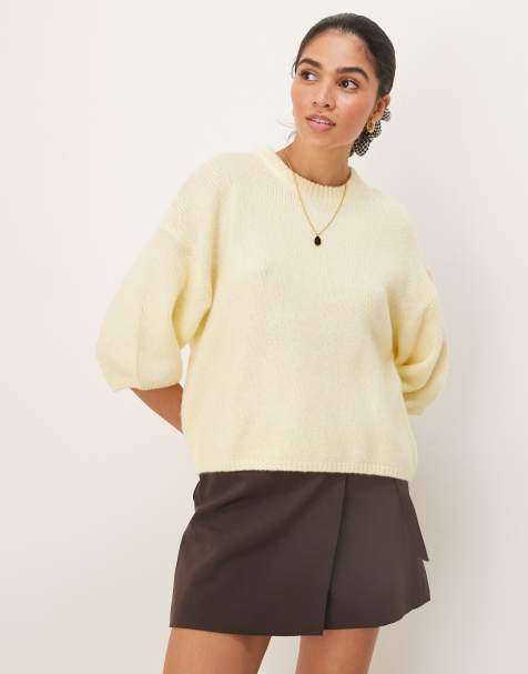 Gina Tricot - Gebreide top met korte mouwen, ronde hals en pofmouwen in botergeel - view 1