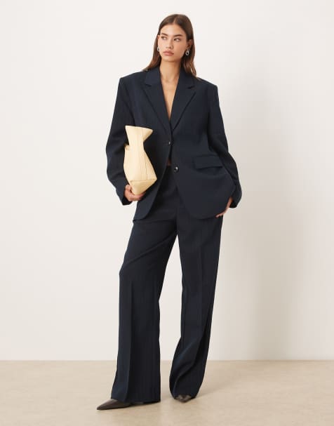 Gina Tricot – Gerade geschnittene Hose in Marineblau mit Nadelstreifen und mittelhohem Bund, Kombiteil - view 1