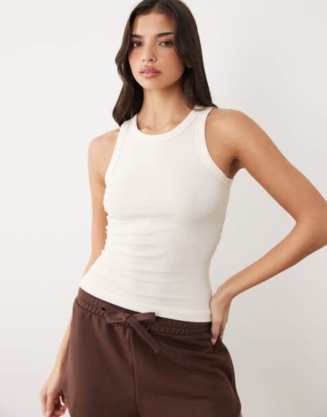 Gina Tricot - Geribbelde basic tanktop van katoenmix in lichtbeige - view 1