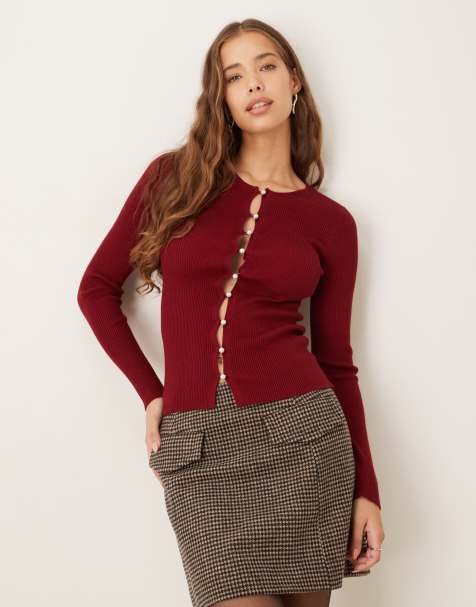 Gina Tricot - Geribbelde gebreide top met lange mouwen en knoopsluiting in granaatappel rood - view 1