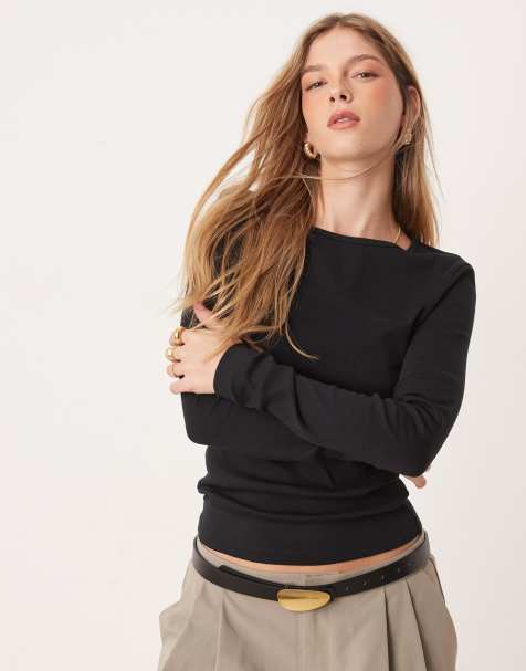 Gina Tricot – Geripptes, langärmliges Jersey-Oberteil in Schwarz mit Rundhalsausschnitt - view 1