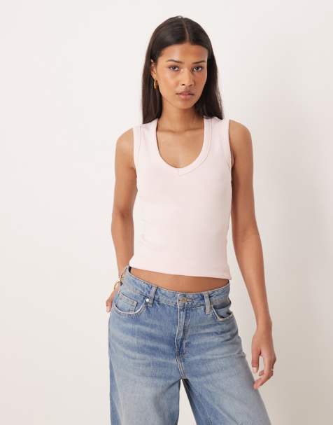 Gina Tricot – Geripptes Tanktop in Rosa mit V-Ausschnitt - view 1