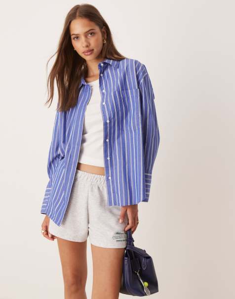 Gina Tricot - Gestreept poplin overhemd in blauw en wit - view 1