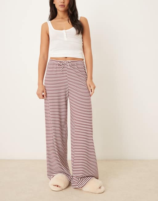 Gina Tricot - Gestreepte broek van superzachte jersey met wijde pijpen en trekkoord in de taille in bordeauxrood en wit