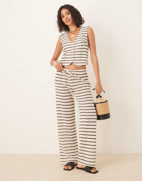 Gina Tricot - Gestreepte, gehaakte broek van co-ord set met rechte pijpen in lichtbeige en zwart - view 1