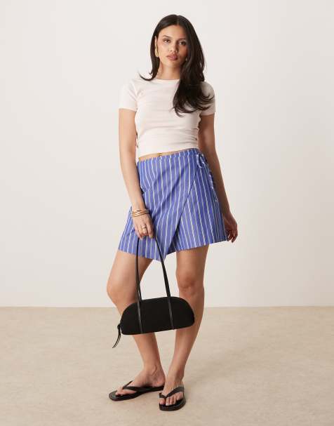 Gina Tricot - Gestreepte mini rok met overslag in blauw en wit - view 1