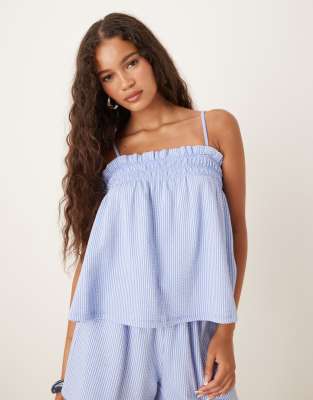 Gina Tricot - Gestreepte top met ruches, textuur elastische bandjes in blauw, deel van co-ord set - view 1