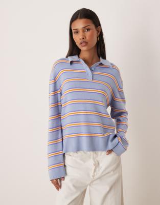 Gina Tricot - Gestreifter Strickpullover in Blau und Orange mit Kragen