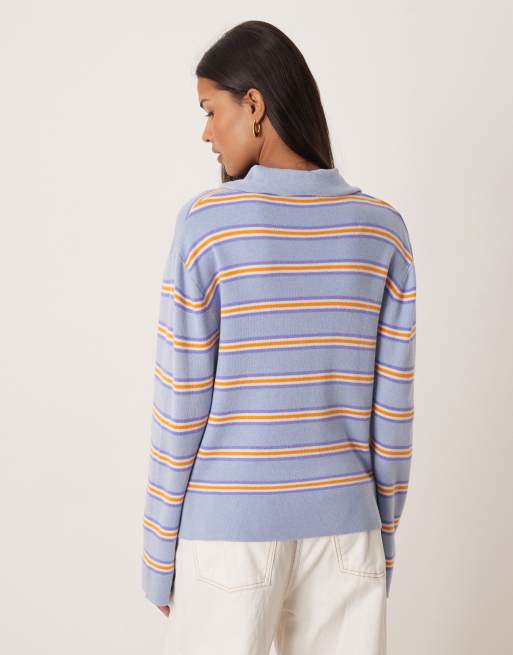 Gina Tricot – Gestreifter Strickpullover in Blau und Orange mit Kragen, 4 von 4