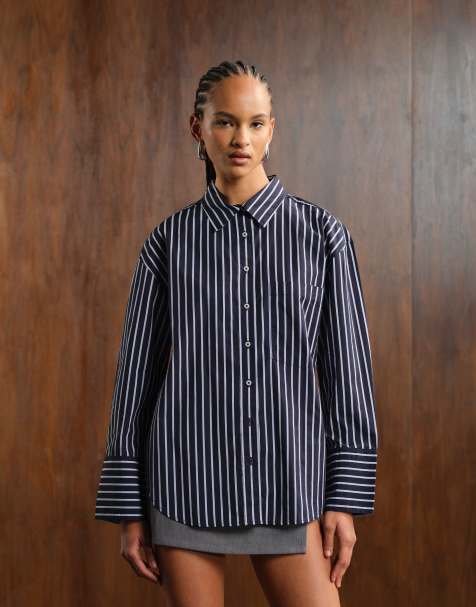 Gina Tricot – Gestreiftes Popeline-Hemd in Marineblau und Blau - view 1