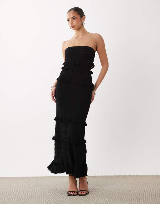 Gina Tricot – Gestuftes, trägerloses Maxikleid in Schwarz mit Rüschen, 3 von 4